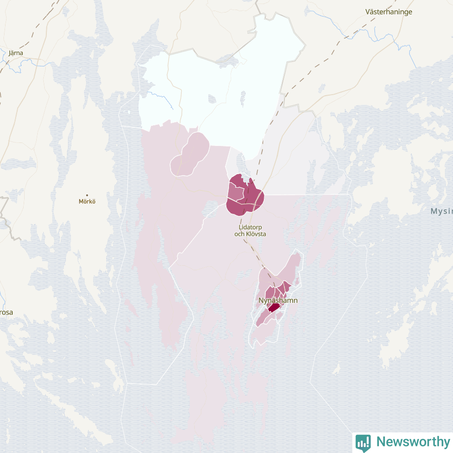 Karta som visar antalet cykelstölder i olika delar av Nynäshamns kommun, även i tabell nedan