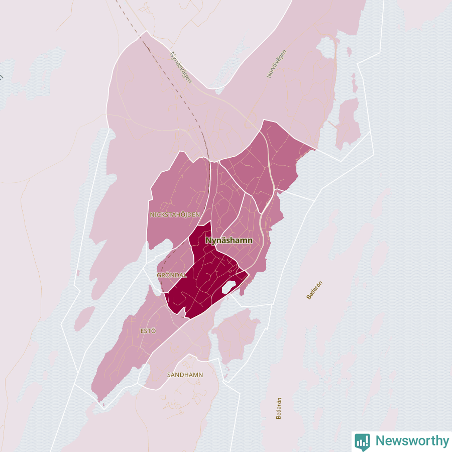 Karta som visar antalet cykelstölder i olika delar av Nynäshamn, se tabell ovan