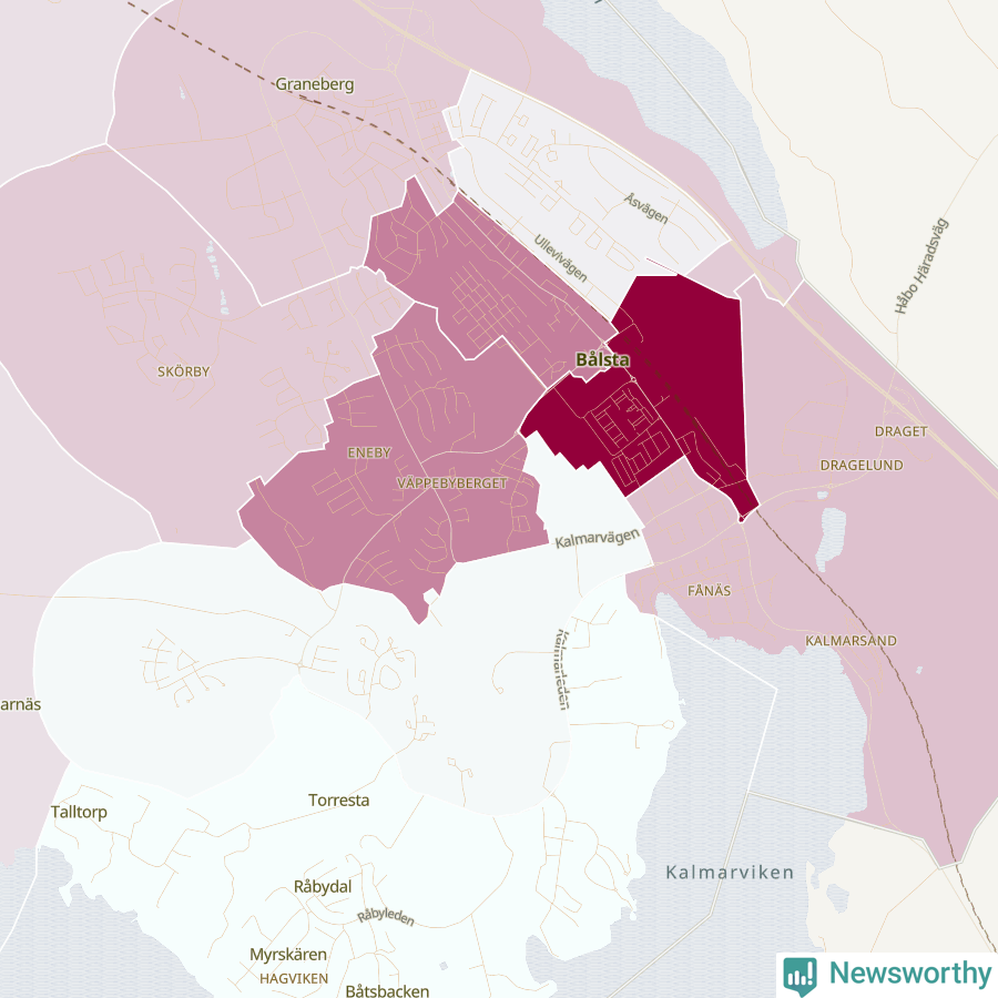 Karta som visar antalet cykelstölder i olika delar av Bålsta, se tabell ovan