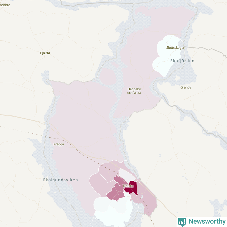 Karta som visar antalet cykelstölder i olika delar av Håbo kommun, även i tabell nedan