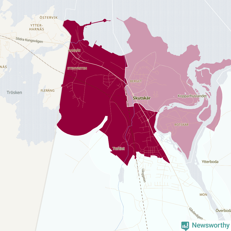 Karta som visar antalet cykelstölder i olika delar av Skutskär, se tabell ovan