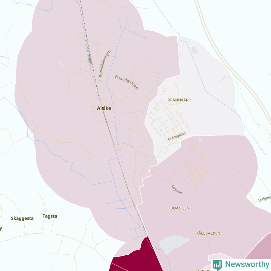 Karta som visar antalet cykelstölder i olika delar av Alsike, se tabell ovan