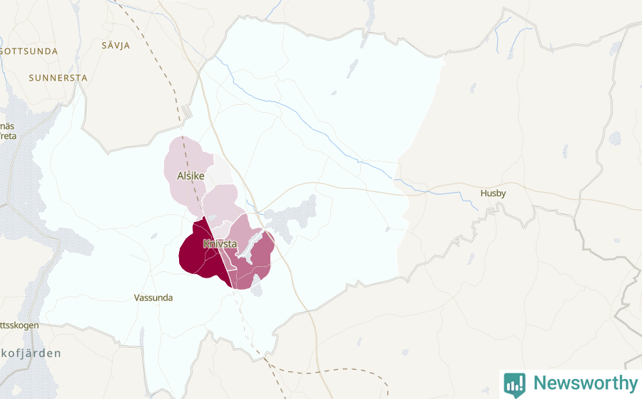 Karta som visar antalet cykelstölder i olika delar av Knivsta kommun, även i tabell nedan