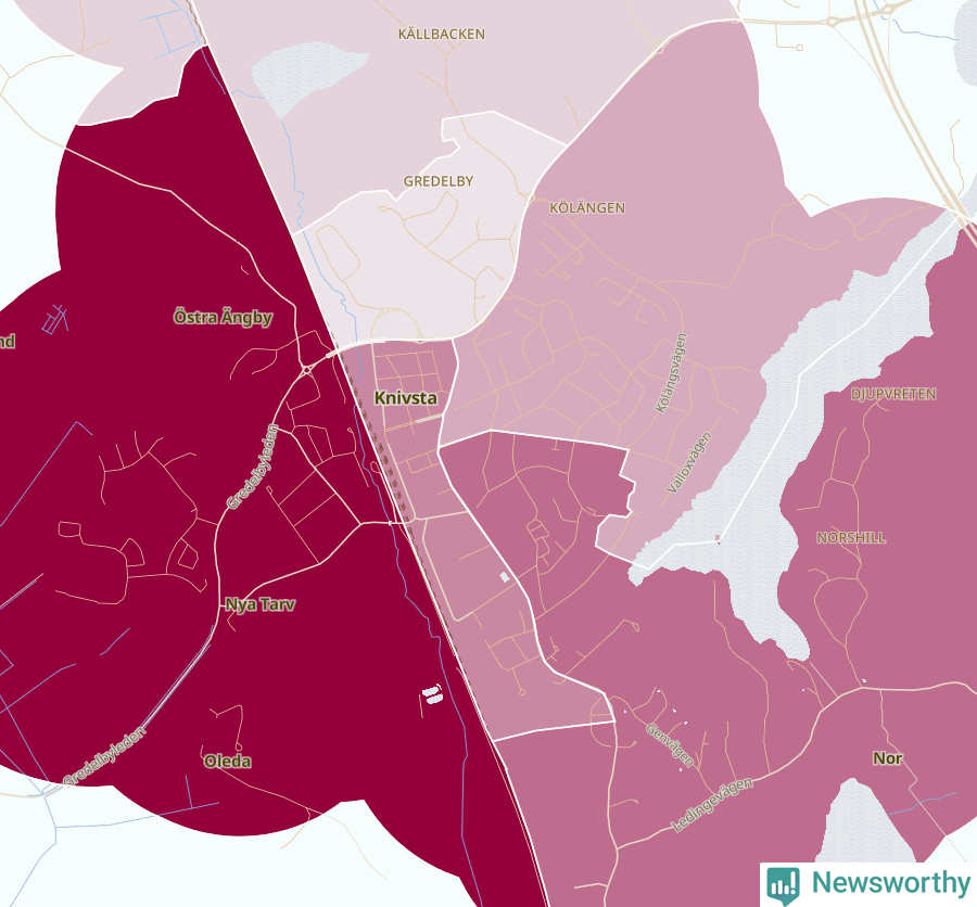 Karta som visar antalet cykelstölder i olika delar av Knivsta, se tabell ovan