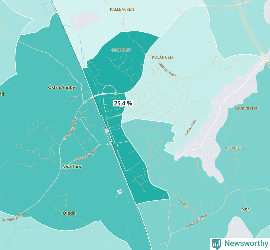 Karta över andel av befolkningen är ensamstående utan barn per område i Knivsta 2023.