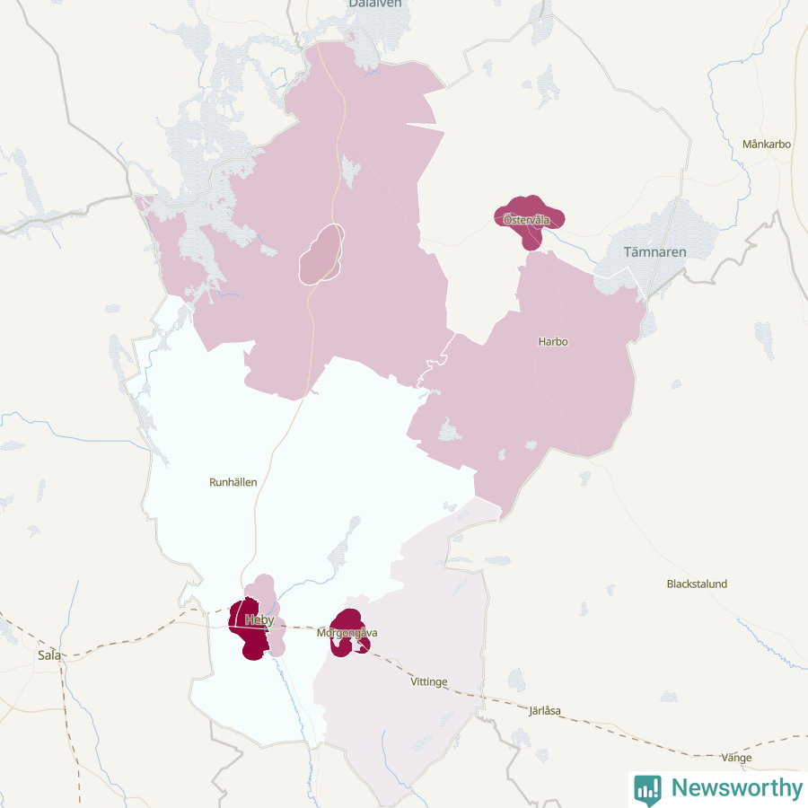 Karta som visar antalet cykelstölder i olika delar av Heby kommun, även i tabell nedan