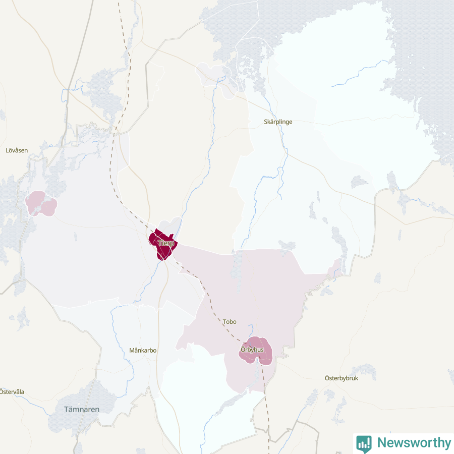 Karta som visar antalet cykelstölder i olika delar av Tierps kommun, även i tabell nedan