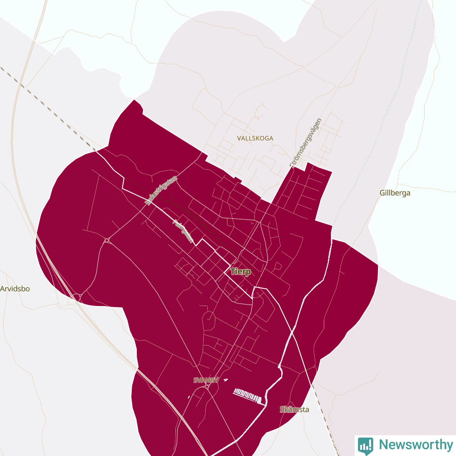 Karta som visar antalet cykelstölder i olika delar av Tierp, se tabell ovan