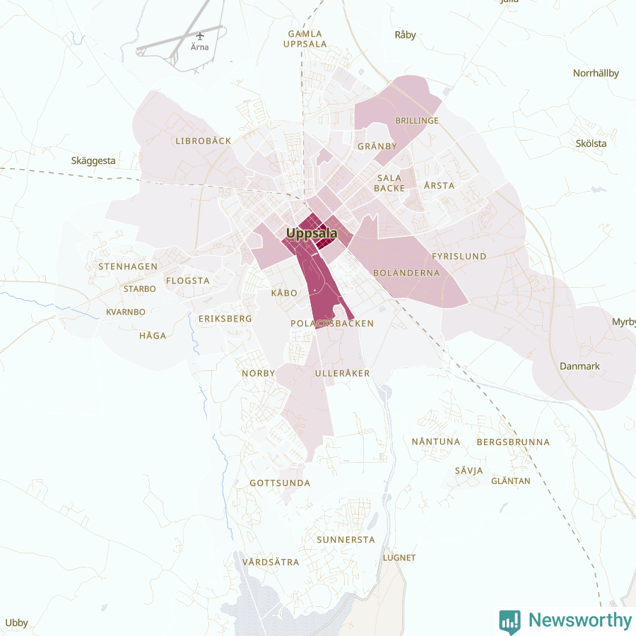 Karta som visar antalet cykelstölder i olika delar av Uppsala, se tabell ovan