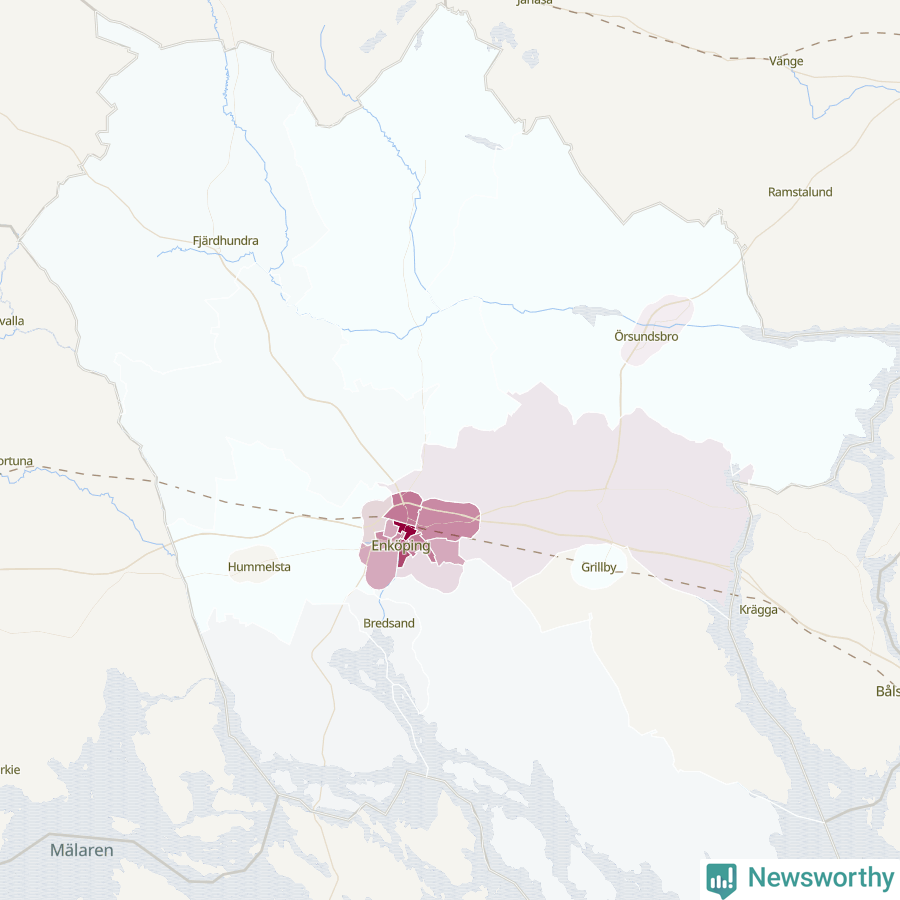 Karta som visar antalet cykelstölder i olika delar av Enköpings kommun, även i tabell nedan