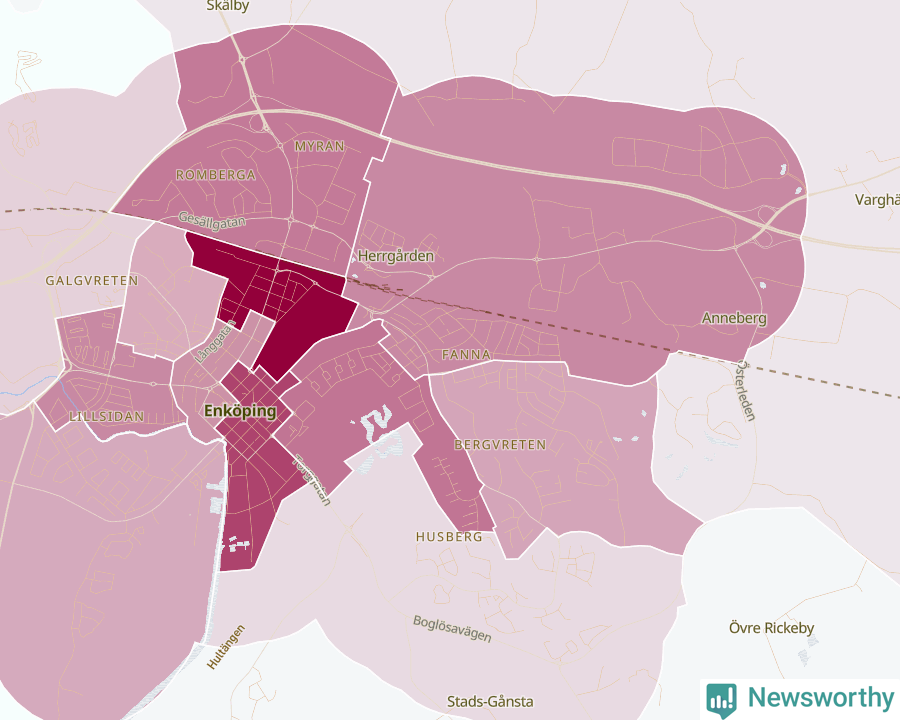 Karta som visar antalet cykelstölder i olika delar av Enköping, se tabell ovan