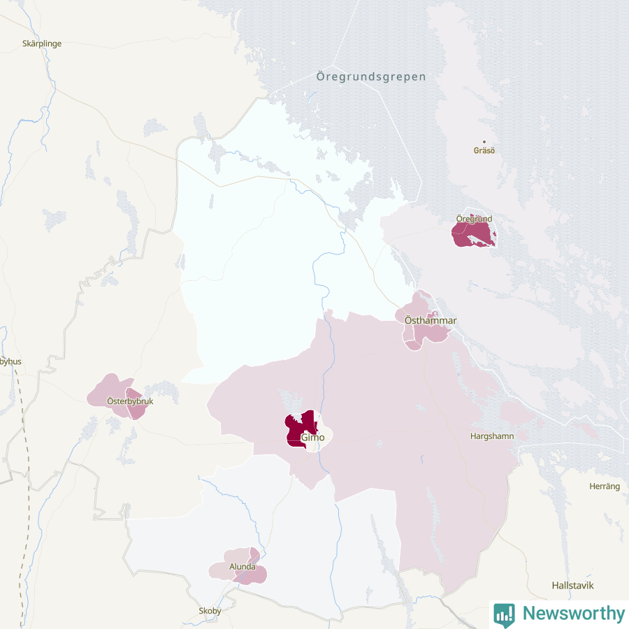 Karta som visar antalet cykelstölder i olika delar av Östhammars kommun, även i tabell nedan