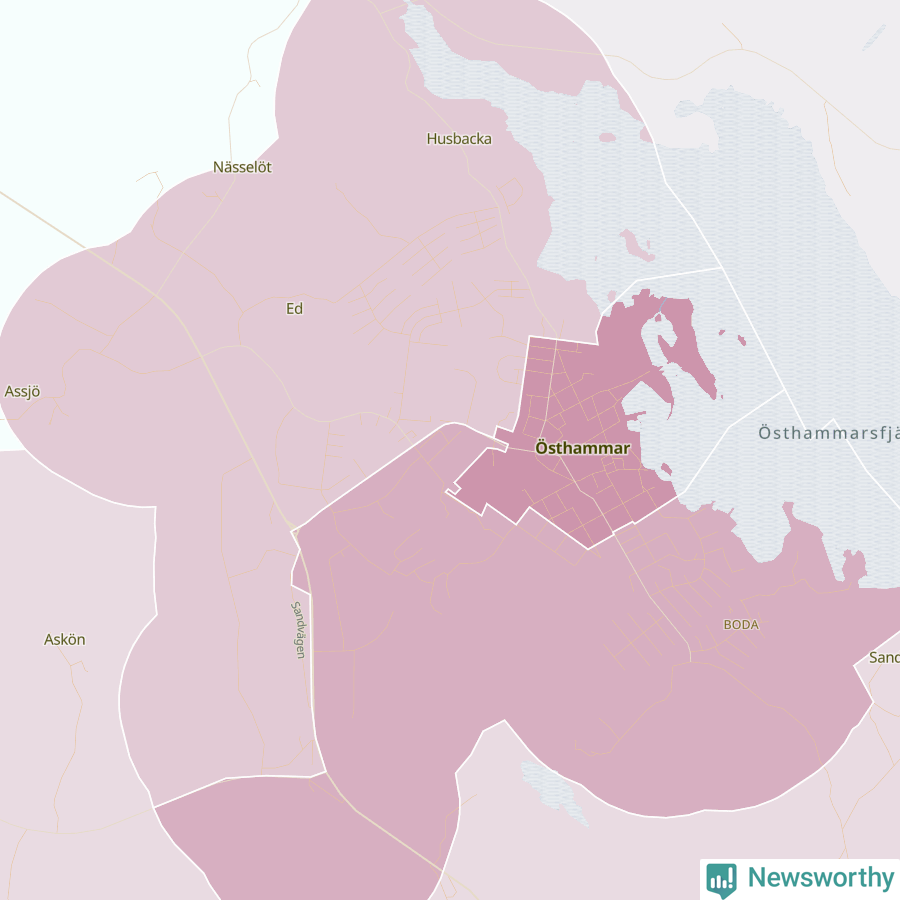 Karta som visar antalet cykelstölder i olika delar av Östhammar, se tabell ovan