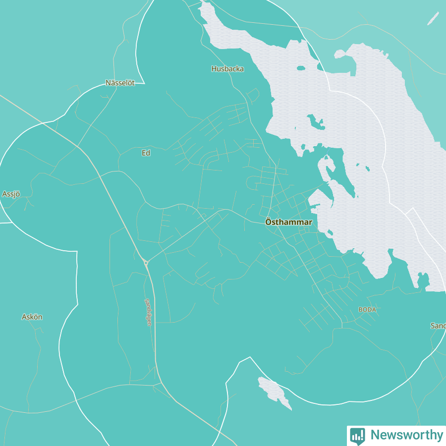 Karta över andel av befolkningen är ensamstående utan barn per område i Östhammar 2023.