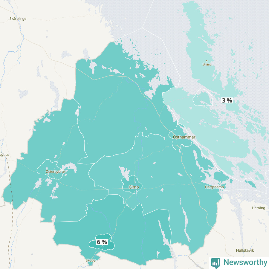 Karta över andel av befolkningensom är mellan 0 och 4 år per område i Östhammar 2024.