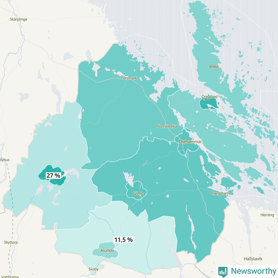 Karta över andel av befolkningen är ensamstående utan barn per område i Östhammar 2023.