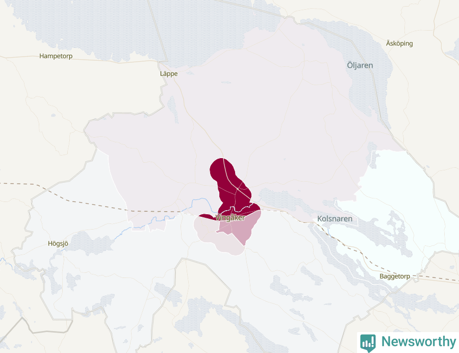 Karta som visar antalet cykelstölder i olika delar av Vingåkers kommun, även i tabell nedan
