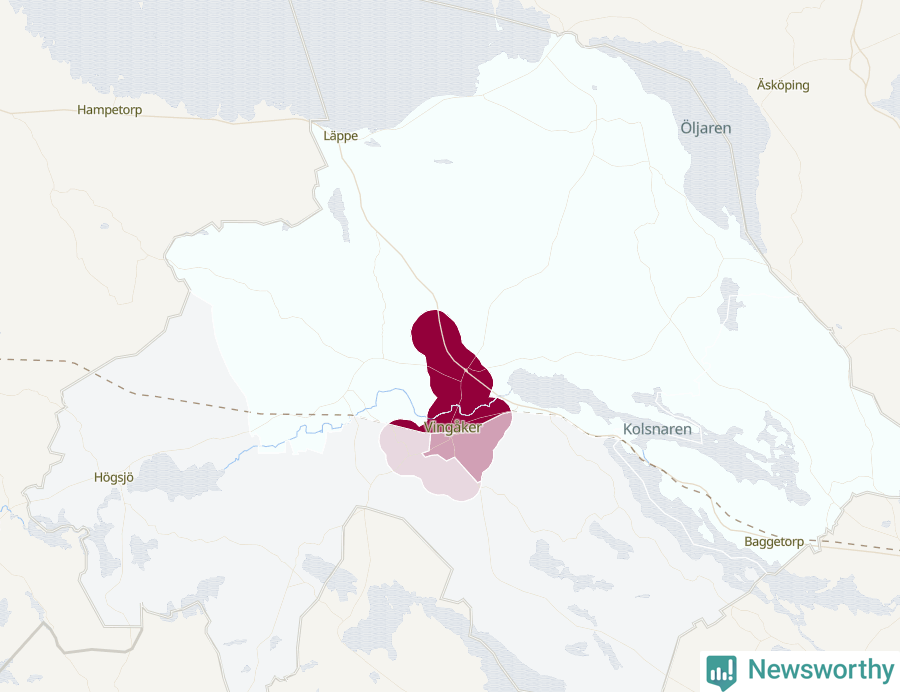 Karta som visar antalet cykelstölder i olika delar av Vingåkers kommun, även i tabell nedan
