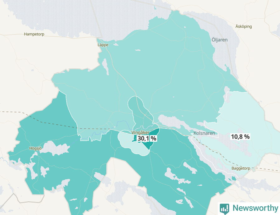 Karta över andel av befolkningen är ensamstående utan barn per område i Vingåker 2023.