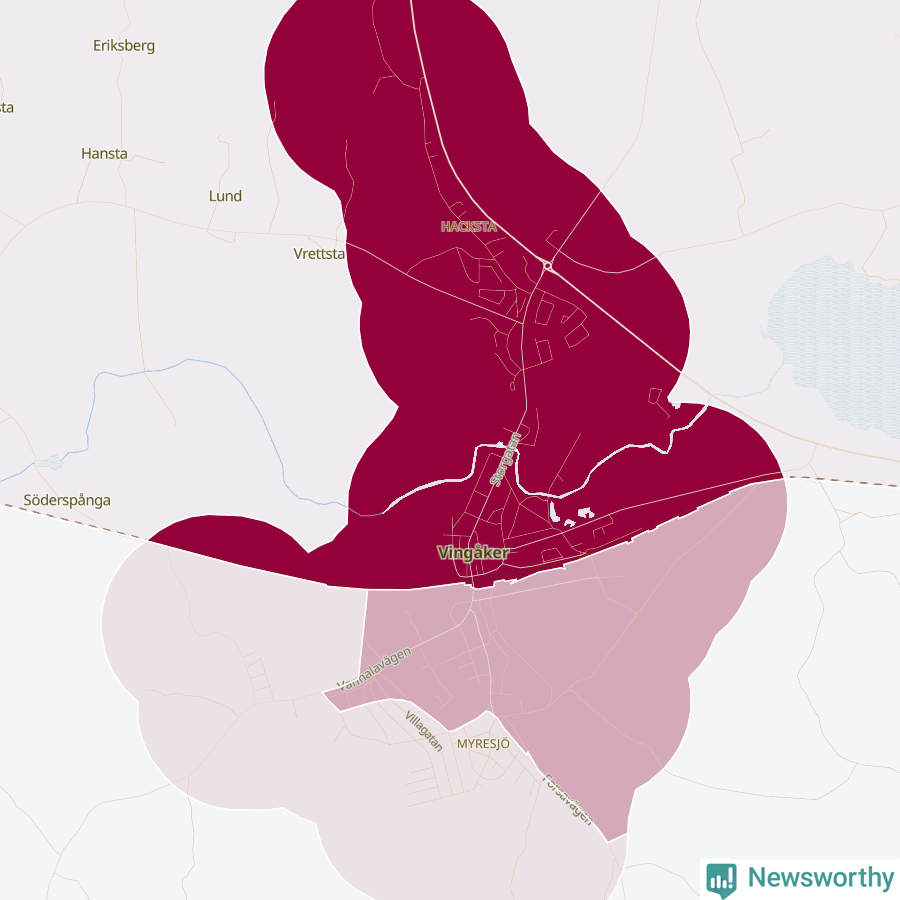 Karta som visar antalet cykelstölder i olika delar av Vingåker, se tabell ovan