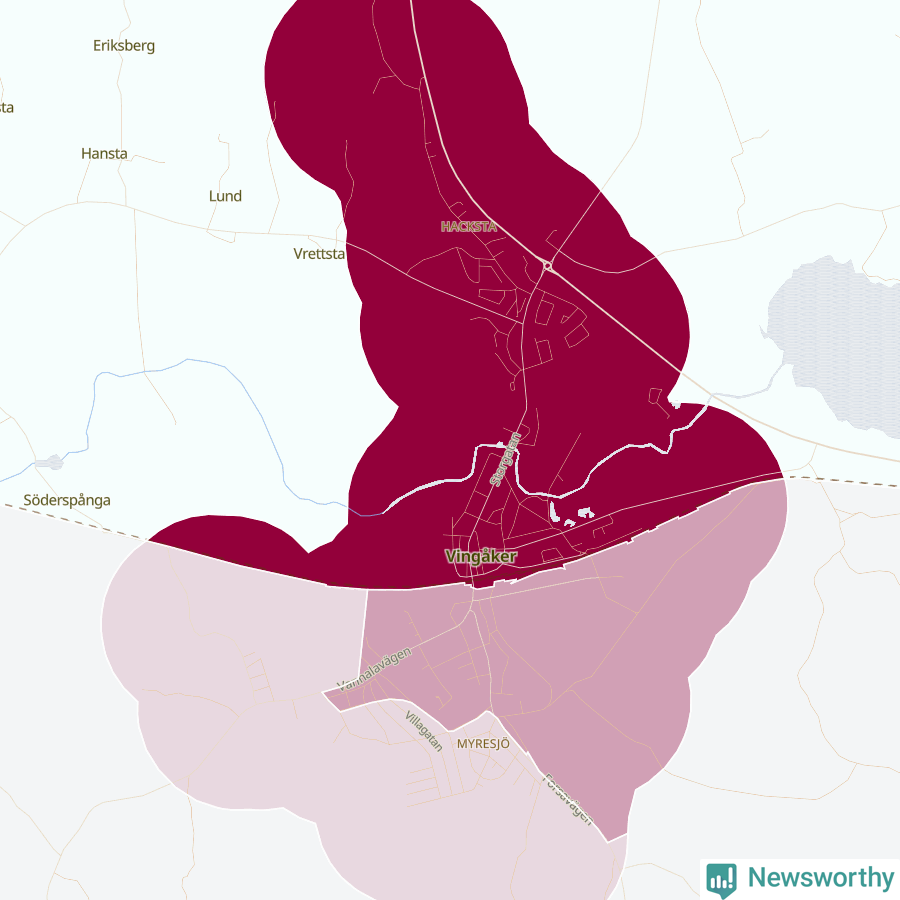 Karta som visar antalet cykelstölder i olika delar av Vingåker, se tabell ovan