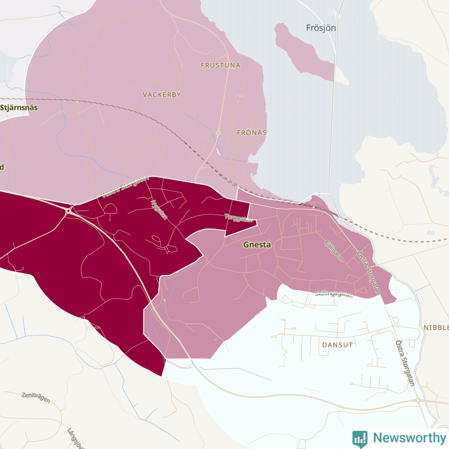 Karta som visar antalet cykelstölder i olika delar av Gnesta, se tabell ovan