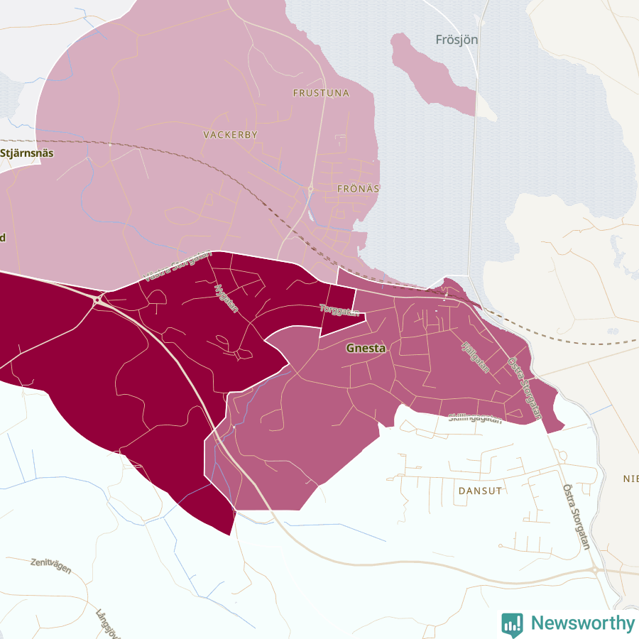 Karta som visar antalet cykelstölder i olika delar av Gnesta, se tabell ovan