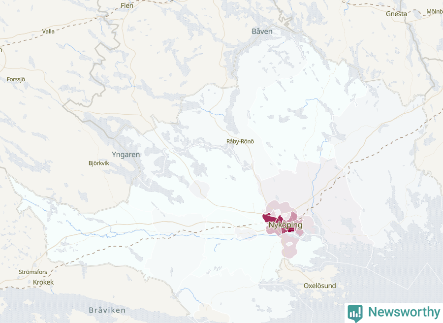 Karta som visar antalet cykelstölder i olika delar av Nyköpings kommun, även i tabell nedan