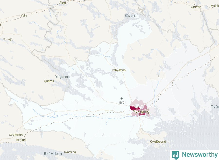Karta som visar antalet cykelstölder i olika delar av Nyköpings kommun, även i tabell nedan