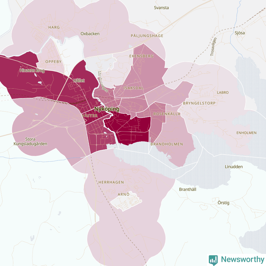 Karta som visar antalet cykelstölder i olika delar av Nyköping, se tabell ovan