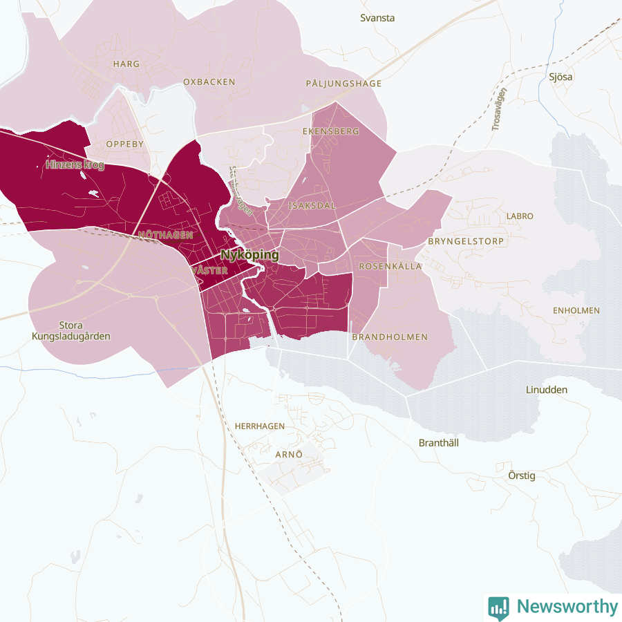Karta som visar antalet cykelstölder i olika delar av Nyköping, se tabell ovan
