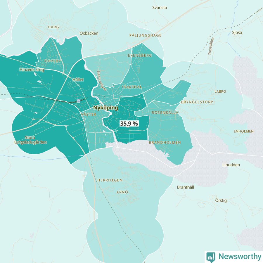 Karta över andel av befolkningen är ensamstående utan barn per område i Nyköping 2023.