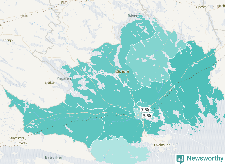 Karta över andel av befolkningensom är mellan 0 och 4 år per område i Nyköping 2024.
