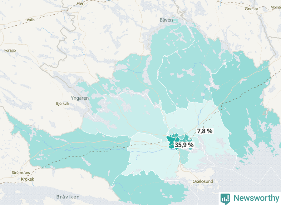 Karta över andel av befolkningen är ensamstående utan barn per område i Nyköping 2023.