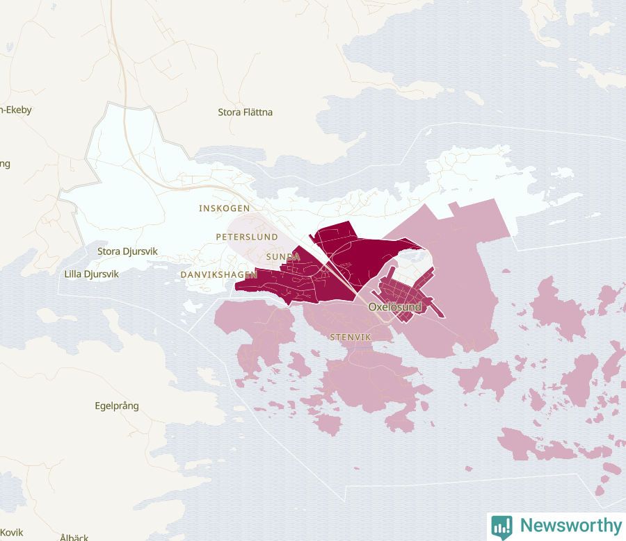 Karta som visar antalet cykelstölder i olika delar av Oxelösunds kommun, även i tabell nedan
