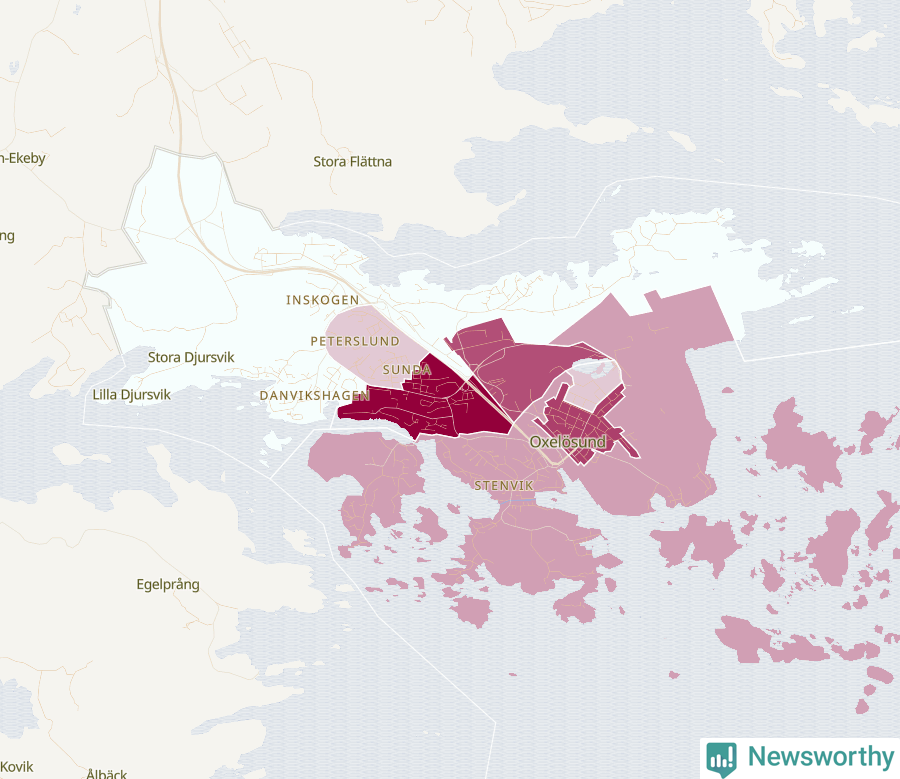 Karta som visar antalet cykelstölder i olika delar av Oxelösunds kommun, även i tabell nedan