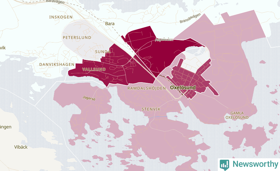 Karta som visar antalet cykelstölder i olika delar av Oxelösund, se tabell ovan
