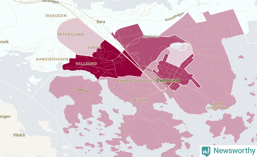Karta som visar antalet cykelstölder i olika delar av Oxelösund, se tabell ovan