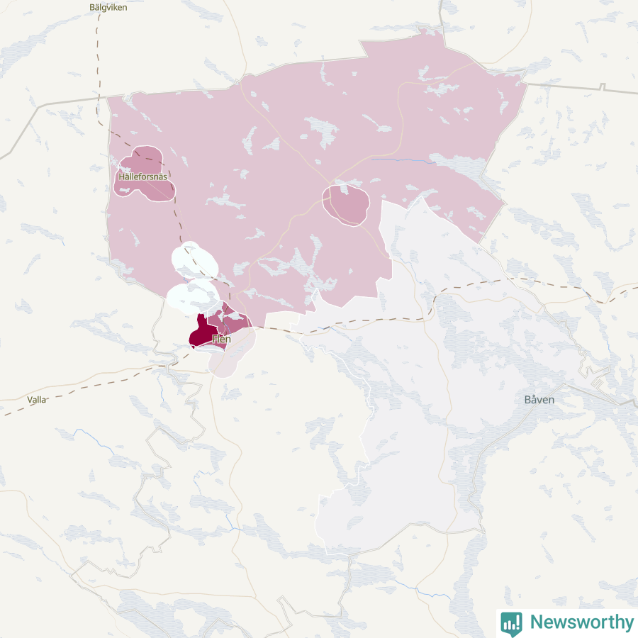 Karta som visar antalet cykelstölder i olika delar av Flens kommun, även i tabell nedan