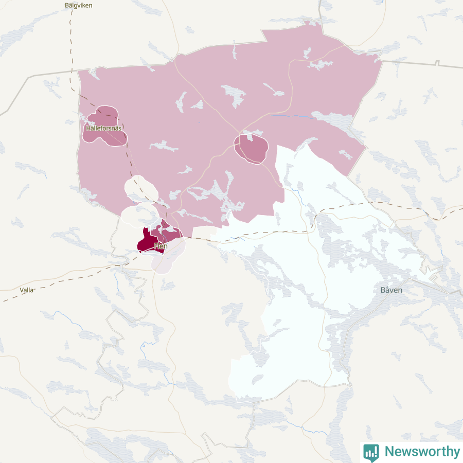Karta som visar antalet cykelstölder i olika delar av Flens kommun, även i tabell nedan