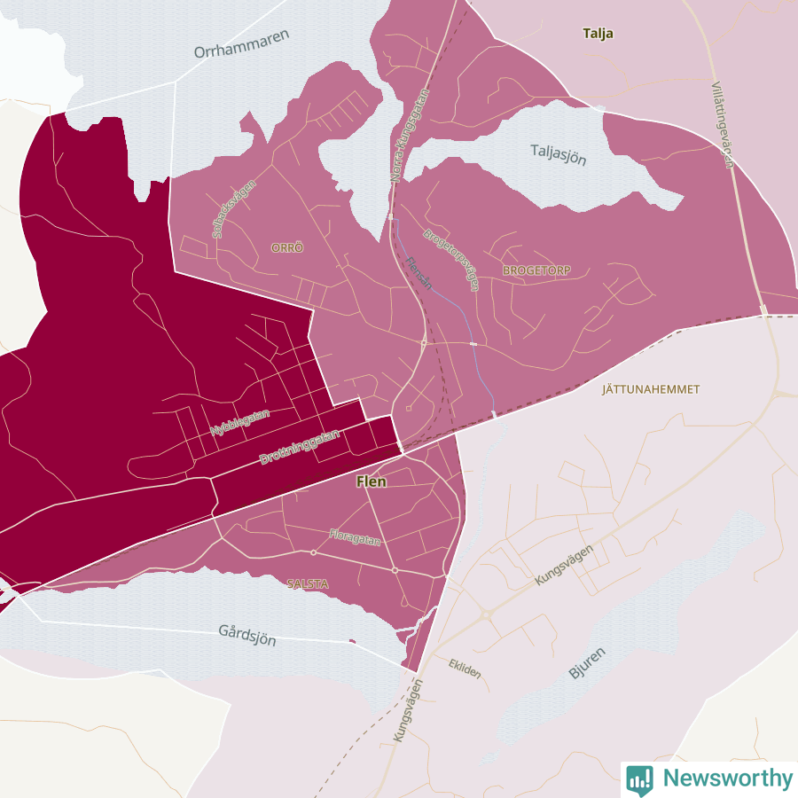 Karta som visar antalet cykelstölder i olika delar av Flen, se tabell ovan