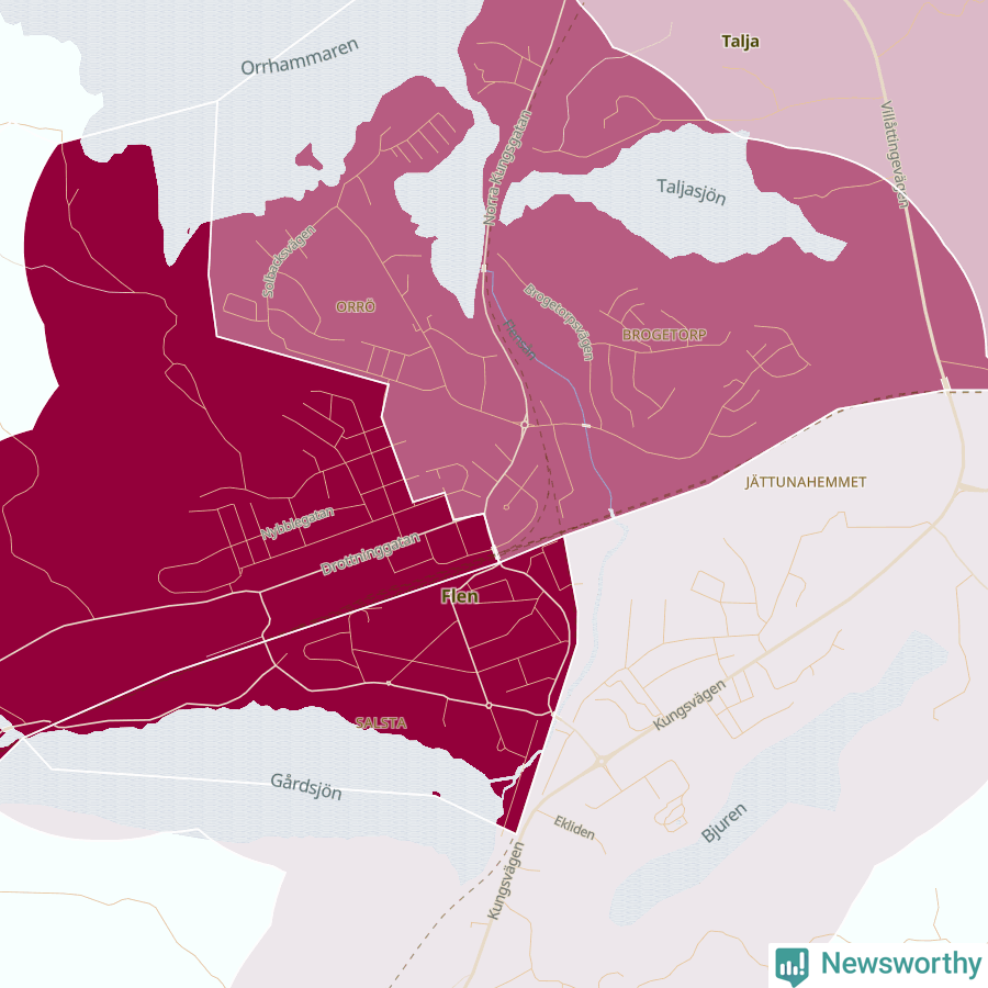 Karta som visar antalet cykelstölder i olika delar av Flen, se tabell ovan