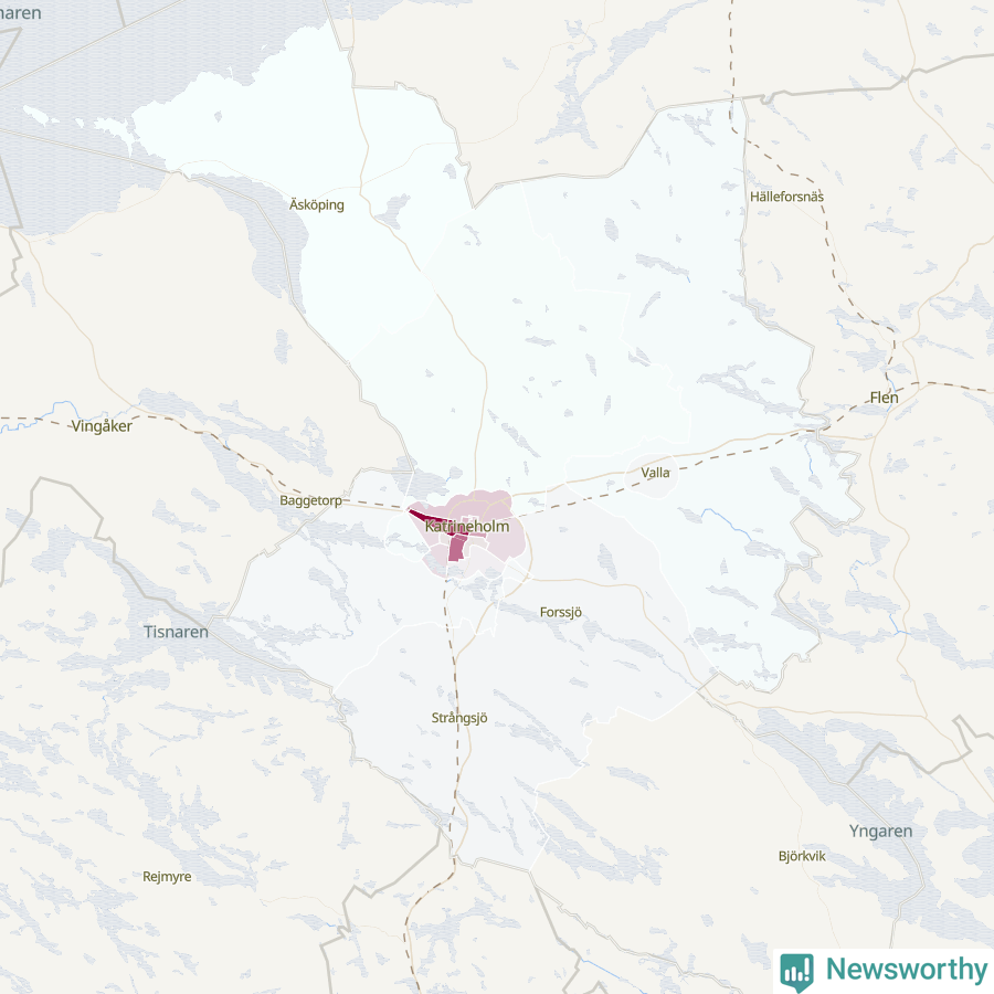 Karta som visar antalet cykelstölder i olika delar av Katrineholms kommun, även i tabell nedan