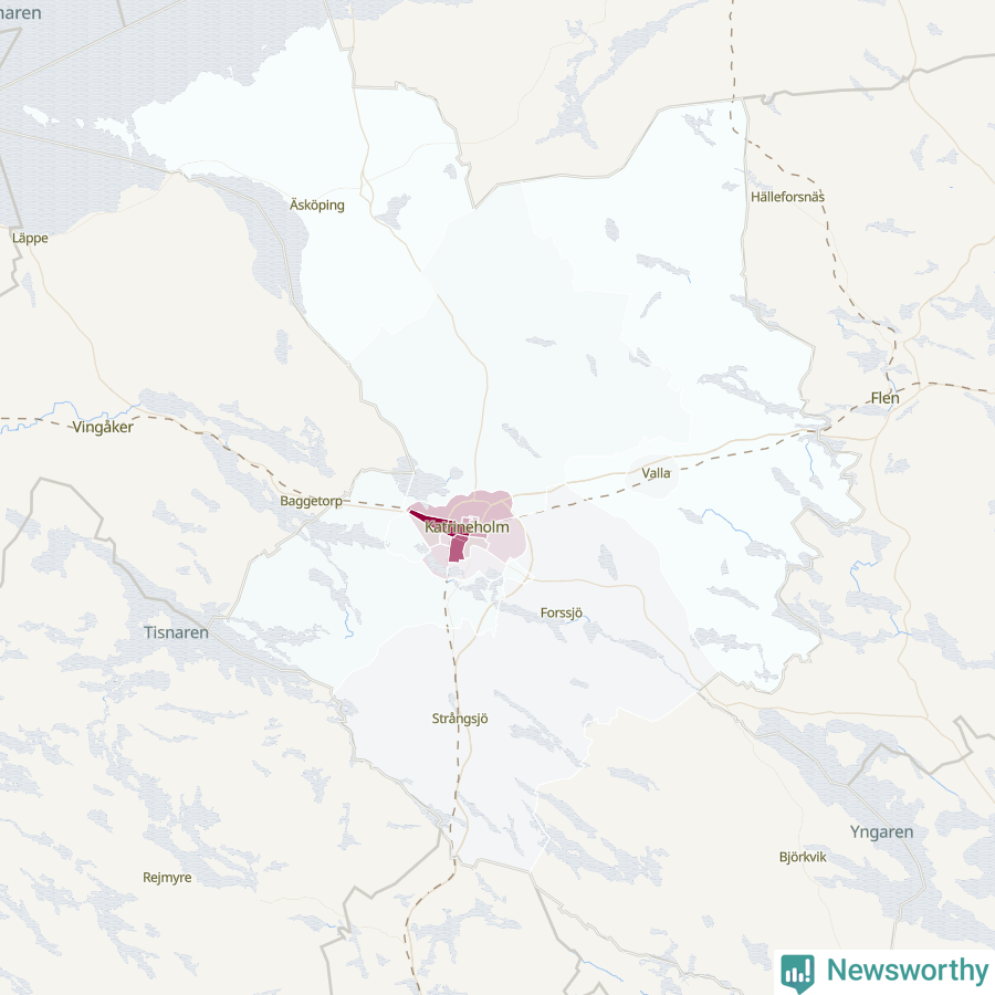 Karta som visar antalet cykelstölder i olika delar av Katrineholms kommun, även i tabell nedan