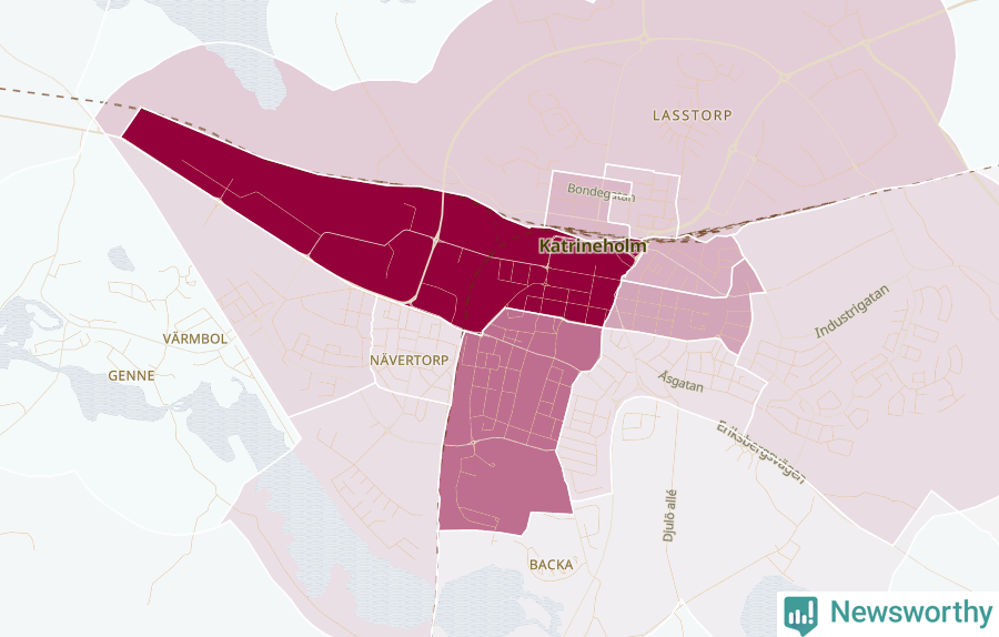 Karta som visar antalet cykelstölder i olika delar av Katrineholm, se tabell ovan