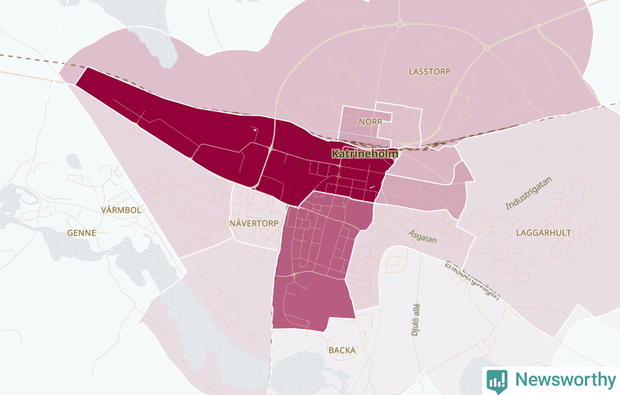 Karta som visar antalet cykelstölder i olika delar av Katrineholm, se tabell ovan