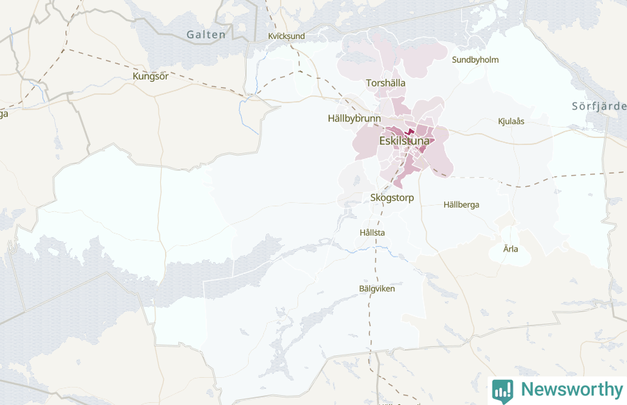 Karta som visar antalet cykelstölder i olika delar av Eskilstuna kommun, även i tabell nedan
