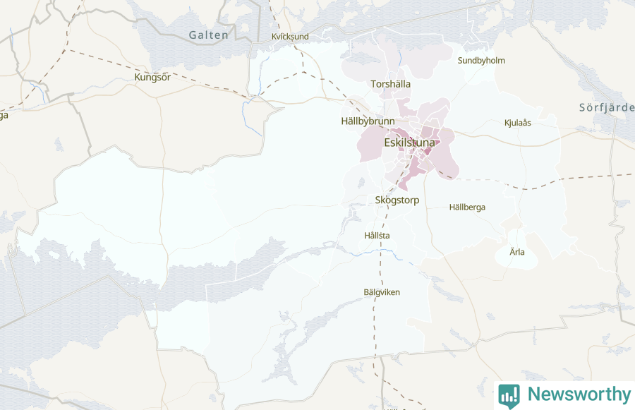 Karta som visar antalet cykelstölder i olika delar av Eskilstuna kommun, även i tabell nedan