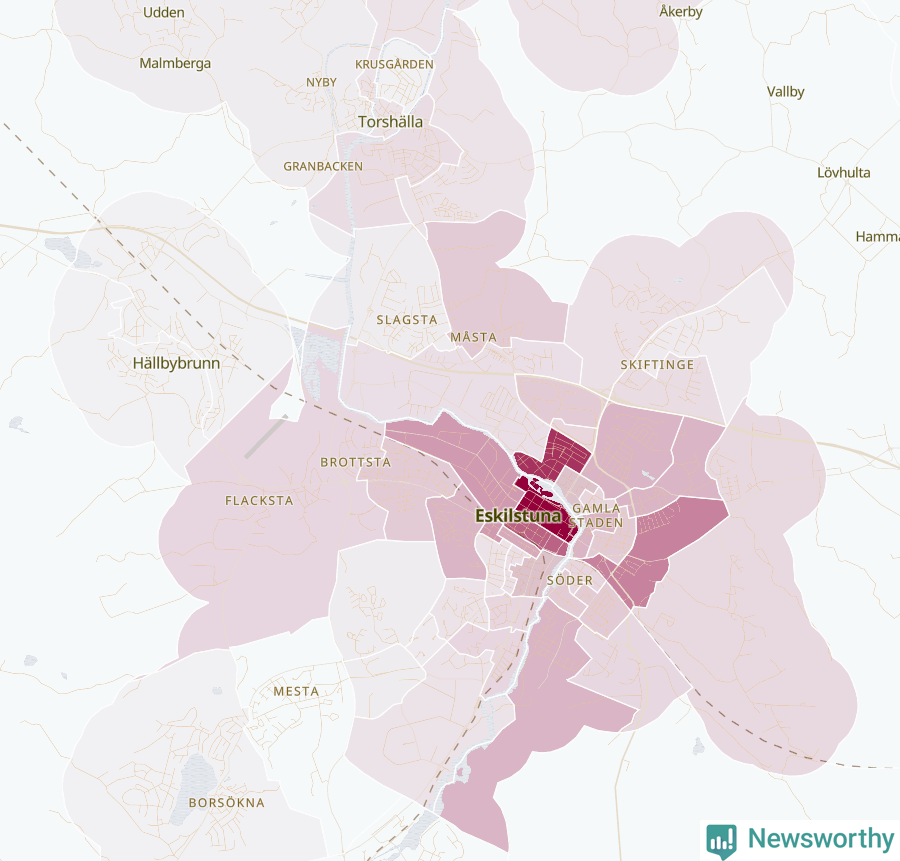 Karta som visar antalet cykelstölder i olika delar av Eskilstuna och Torshälla, se tabell ovan