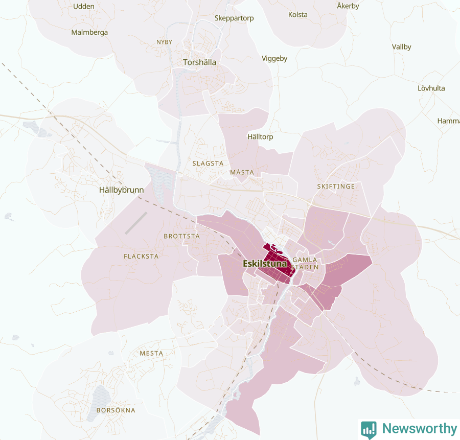 Karta som visar antalet cykelstölder i olika delar av Eskilstuna och Torshälla, se tabell ovan
